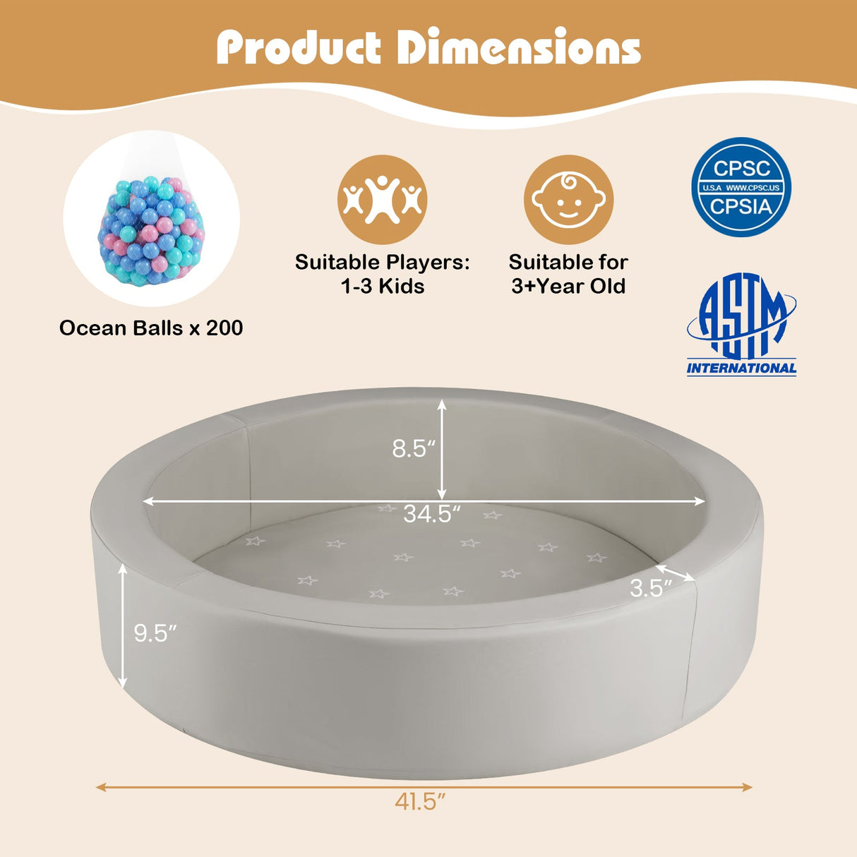 Foso de bolas redondo de espuma de 42.5 pulgadas con relleno de esponja 25D y cubierta de PU lavable para niños pequeños