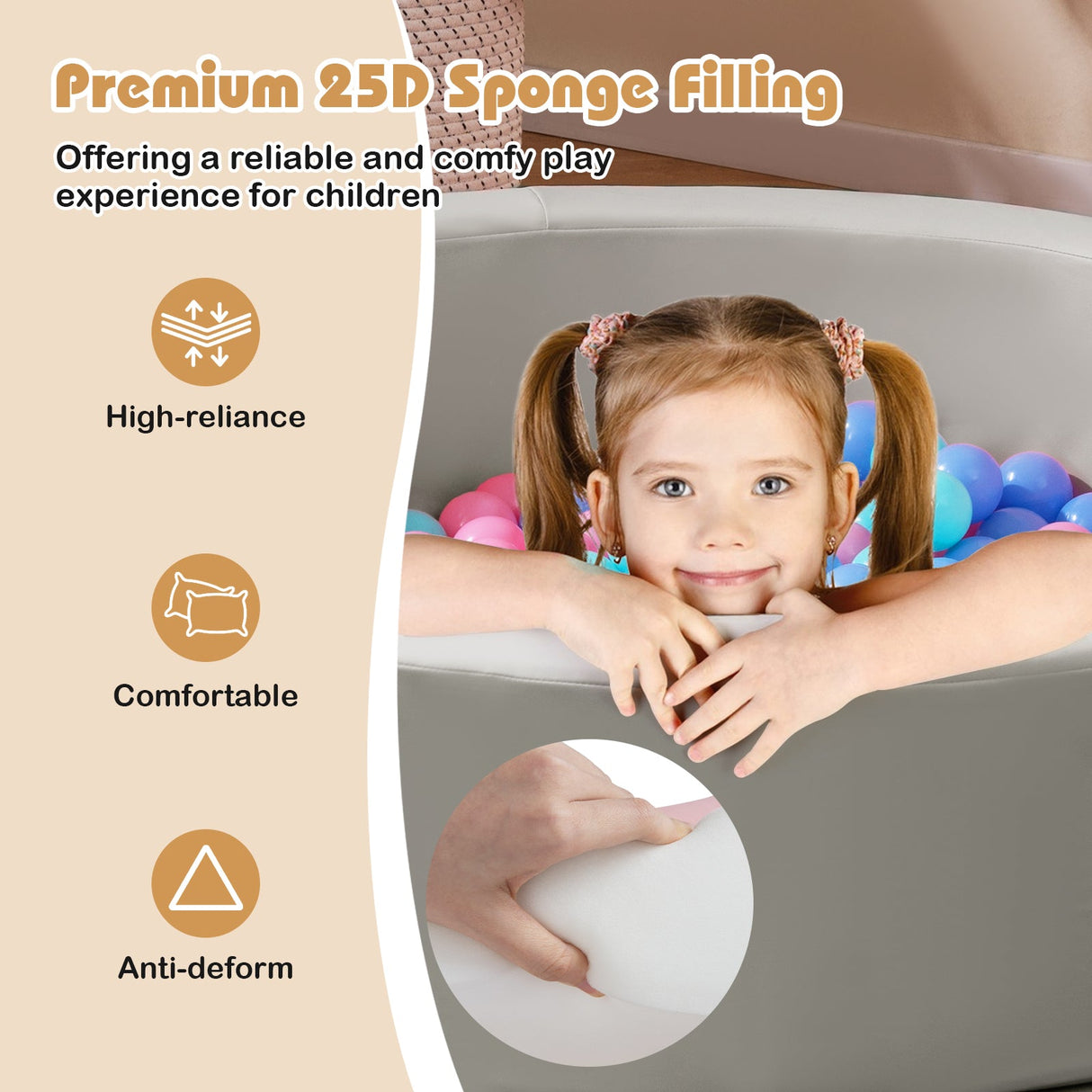 Foso de bolas redondo de espuma de 42.5 pulgadas con relleno de esponja 25D y cubierta de PU lavable para niños pequeños