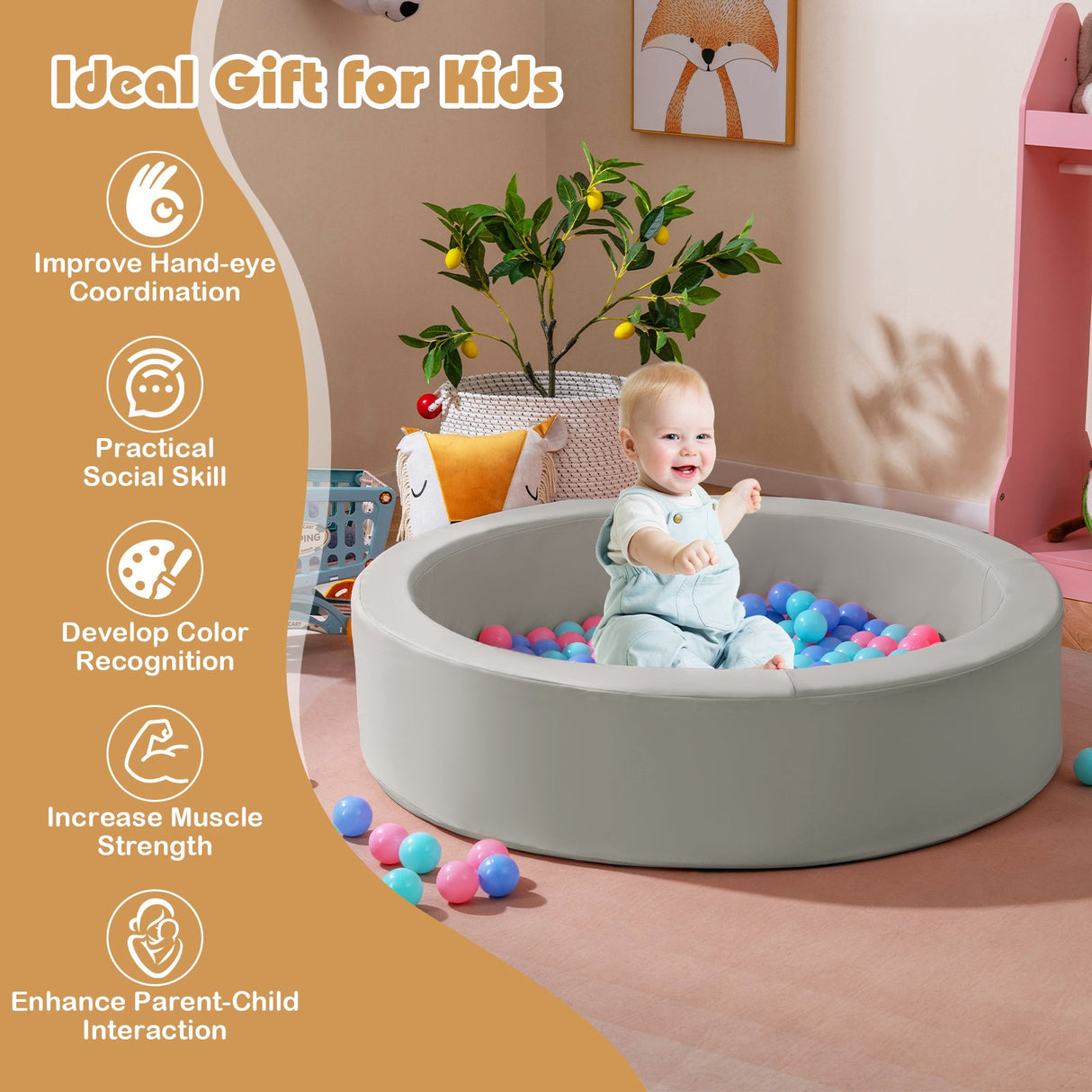 Foso de bolas redondo de espuma de 42.5 pulgadas con relleno de esponja 25D y cubierta de PU lavable para niños pequeños
