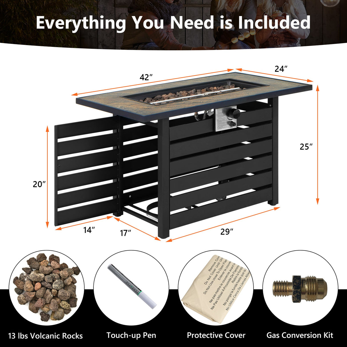 Mesa fogata de propano de 42 pulgadas y 50000 BTU con superficie de polvo mineral