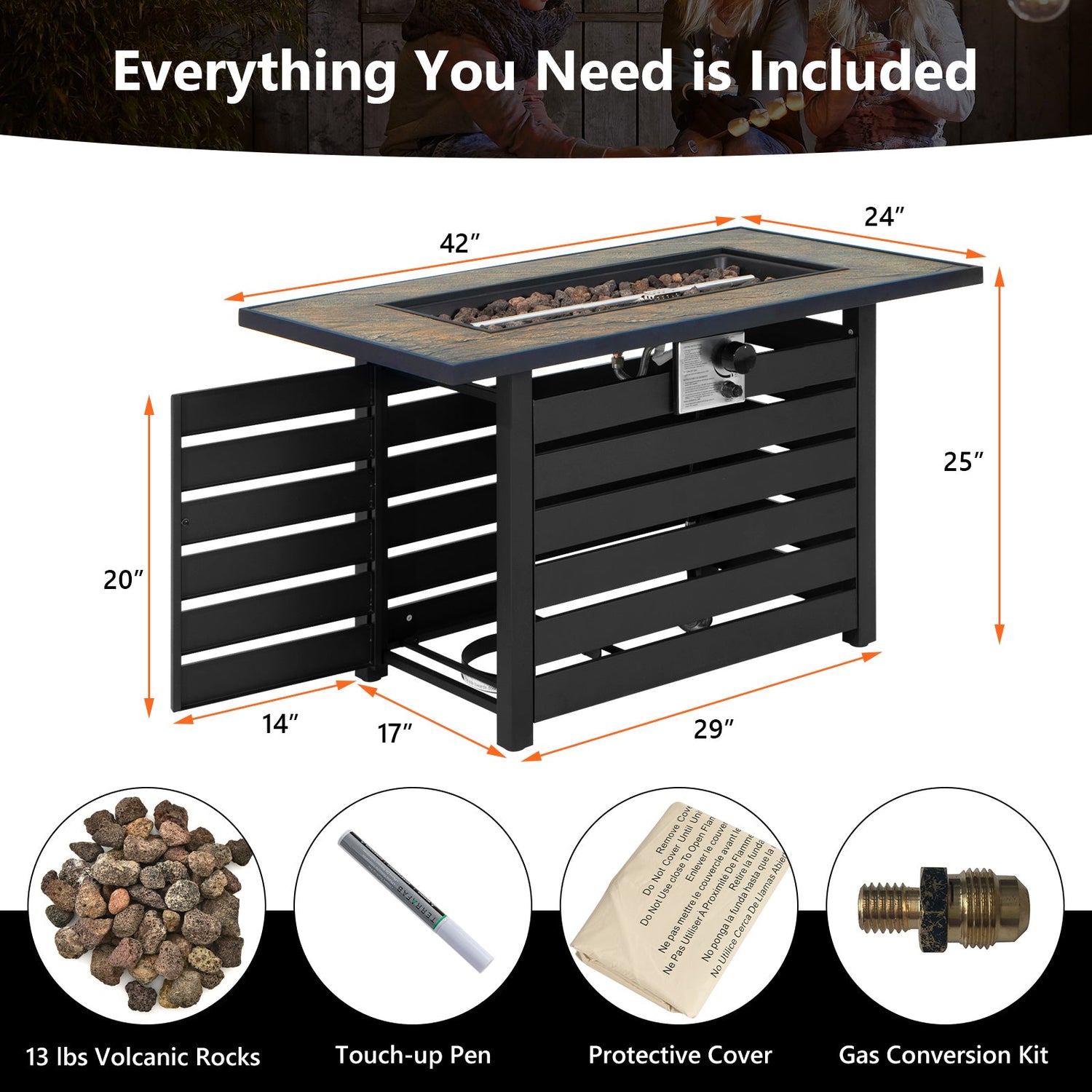 Mesa fogata de propano de 42 pulgadas y 50000 BTU con superficie de polvo mineral