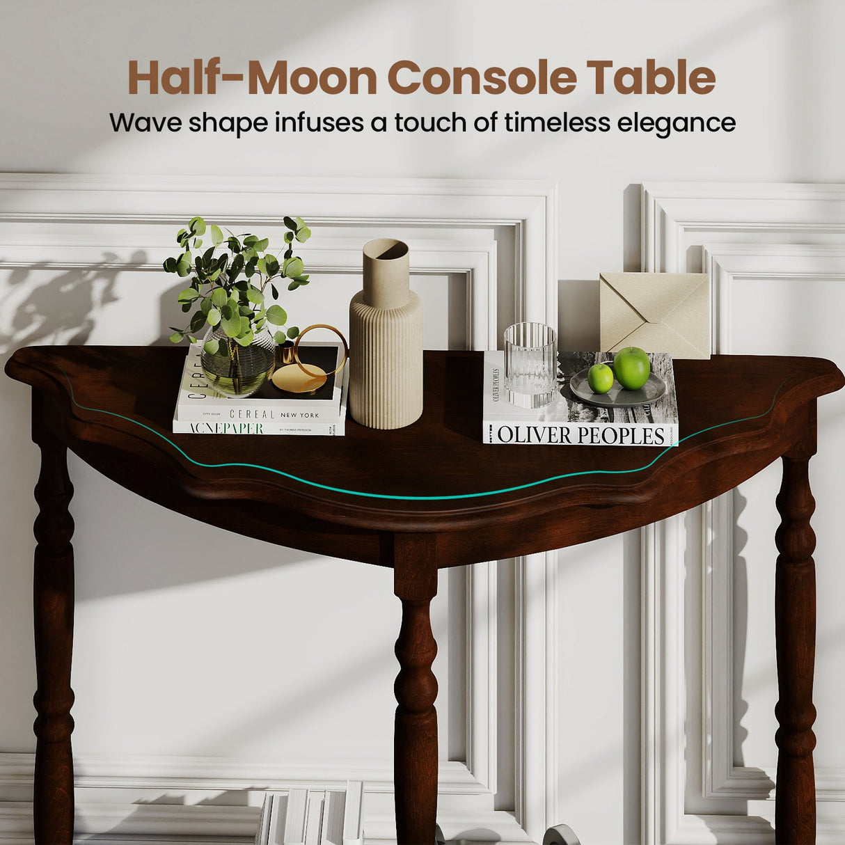 42 Inch Half Moon Console Table with Shelf and Rubber Wood Legs-Espresso