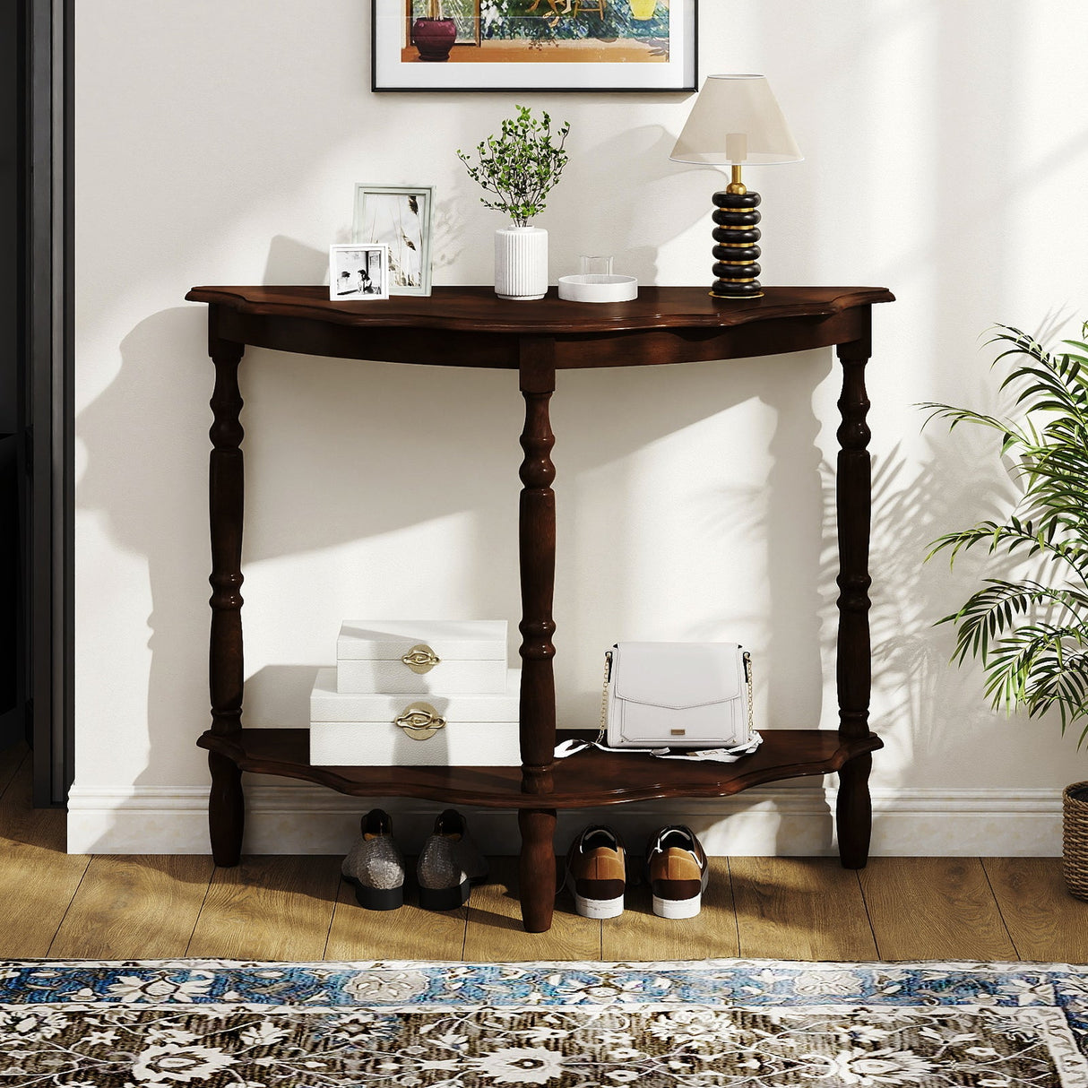 42 Inch Half Moon Console Table with Shelf and Rubber Wood Legs-Espresso