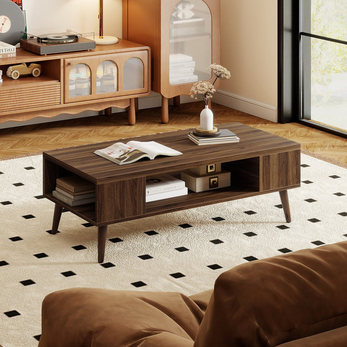 Mesa de centro rectangular de 42 pulgadas de estilo moderno de mediados de siglo con compartimento abierto-Nogal