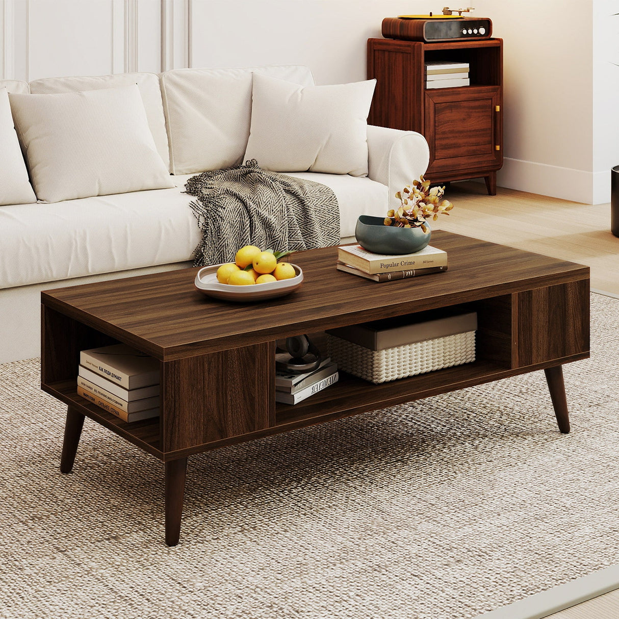 Mesa de centro rectangular de 42 pulgadas de estilo moderno de mediados de siglo con compartimento abierto-Nogal