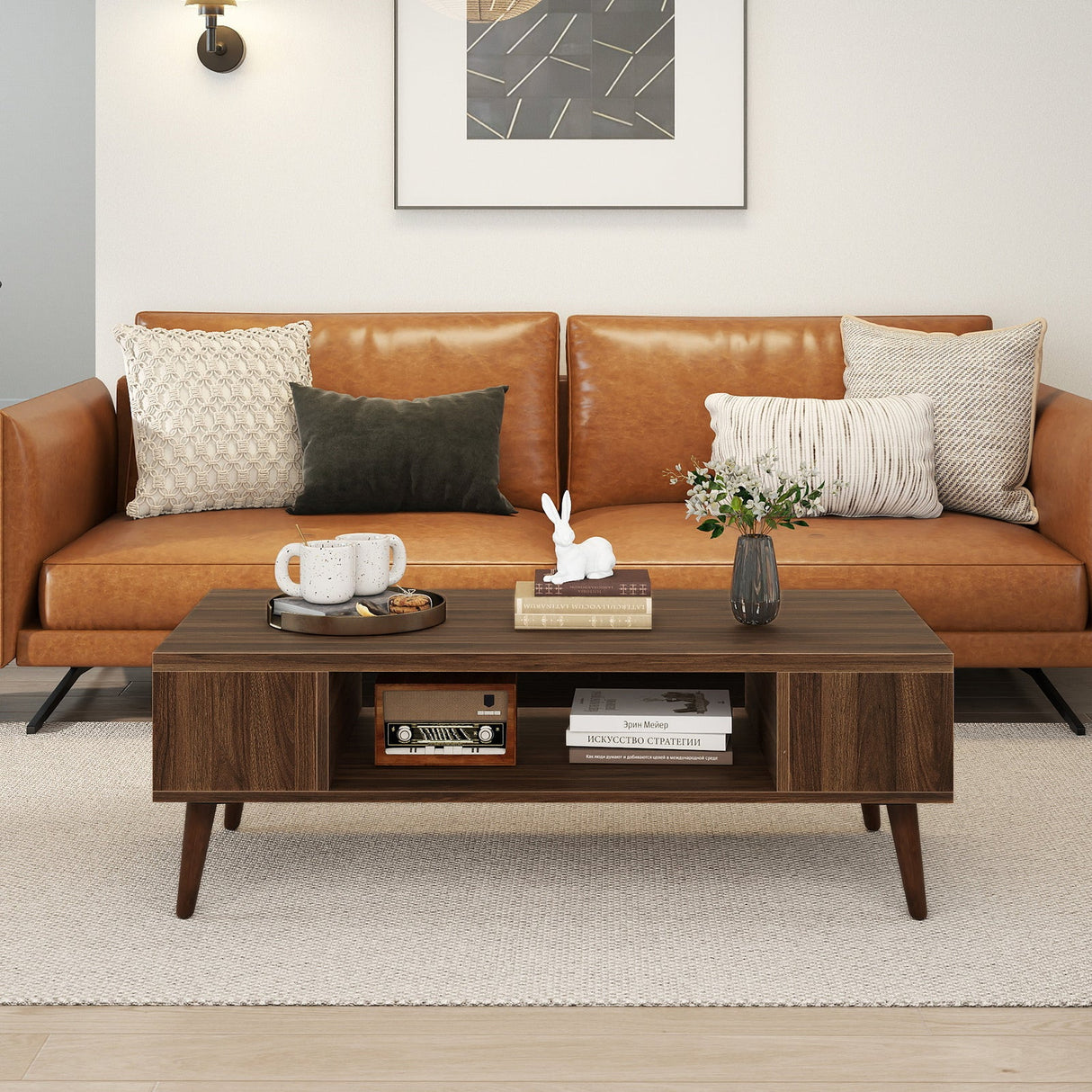 Mesa de centro rectangular de 42 pulgadas de estilo moderno de mediados de siglo con compartimento abierto-Nogal