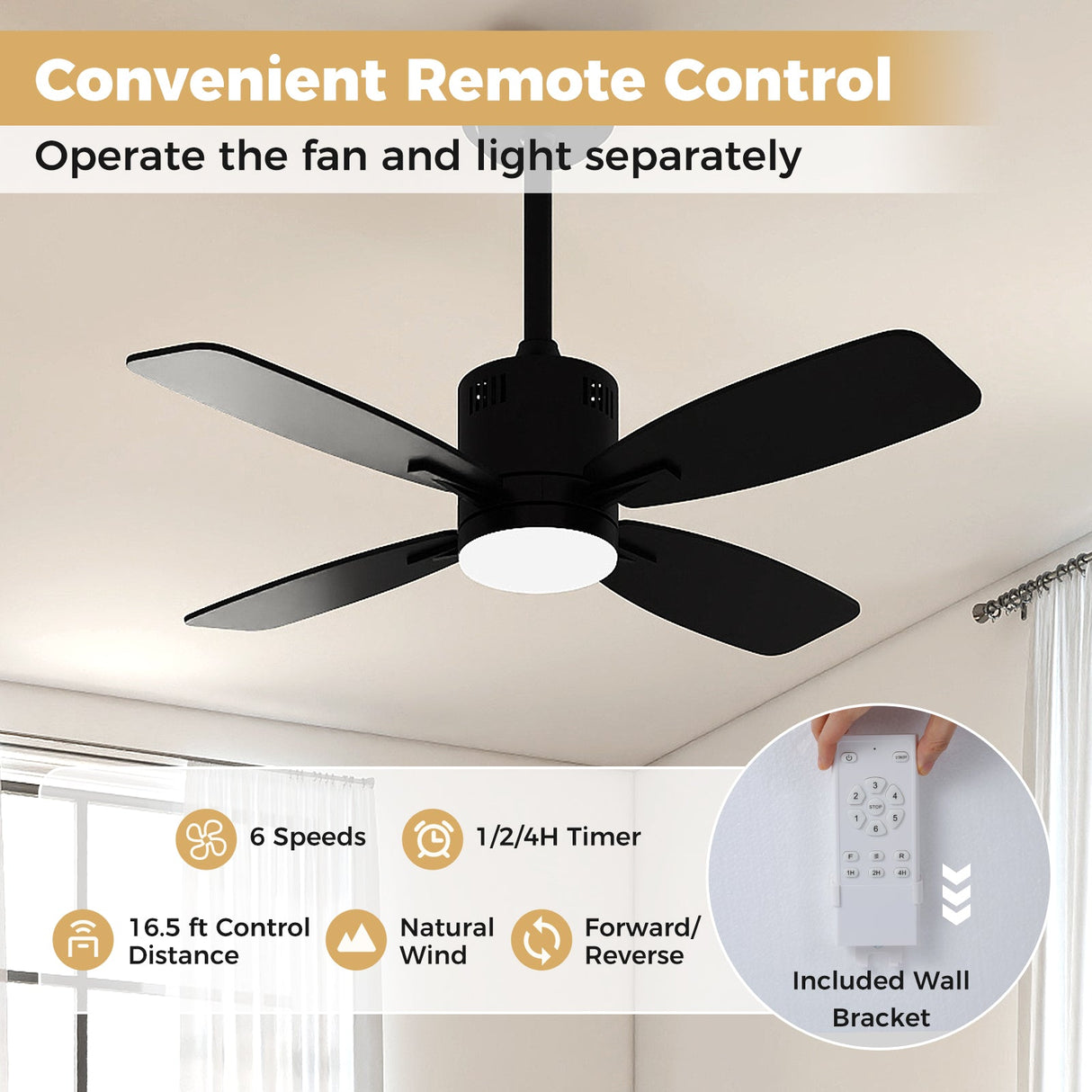 Ventilador de techo de 42 pulgadas con luz y control remoto, LED 3CCT con memoria, temporizador de 4 horas, 6 velocidades - Negro