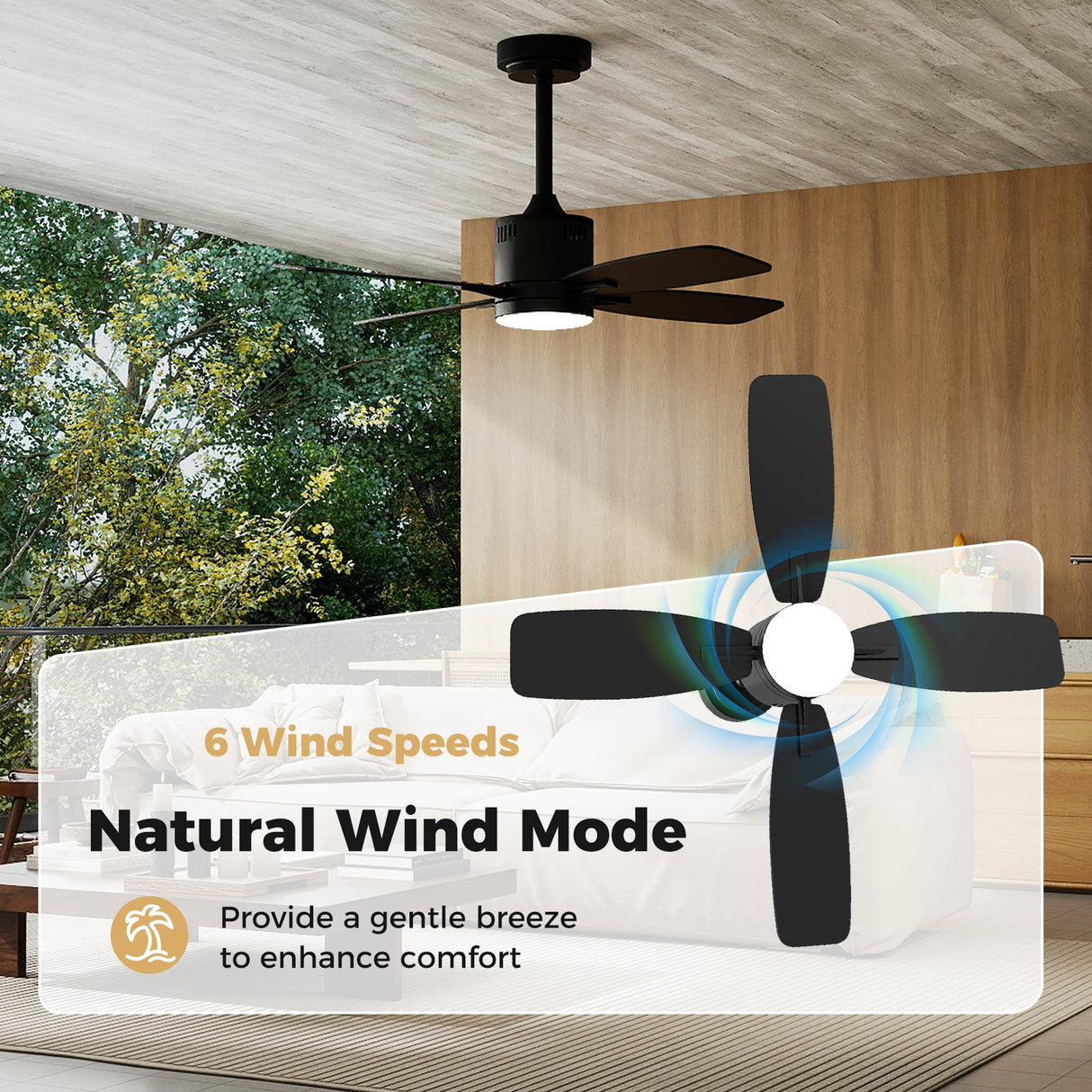 Ventilador de techo de 42 pulgadas con luz y control remoto, LED 3CCT con memoria, temporizador de 4 horas, 6 velocidades - Negro