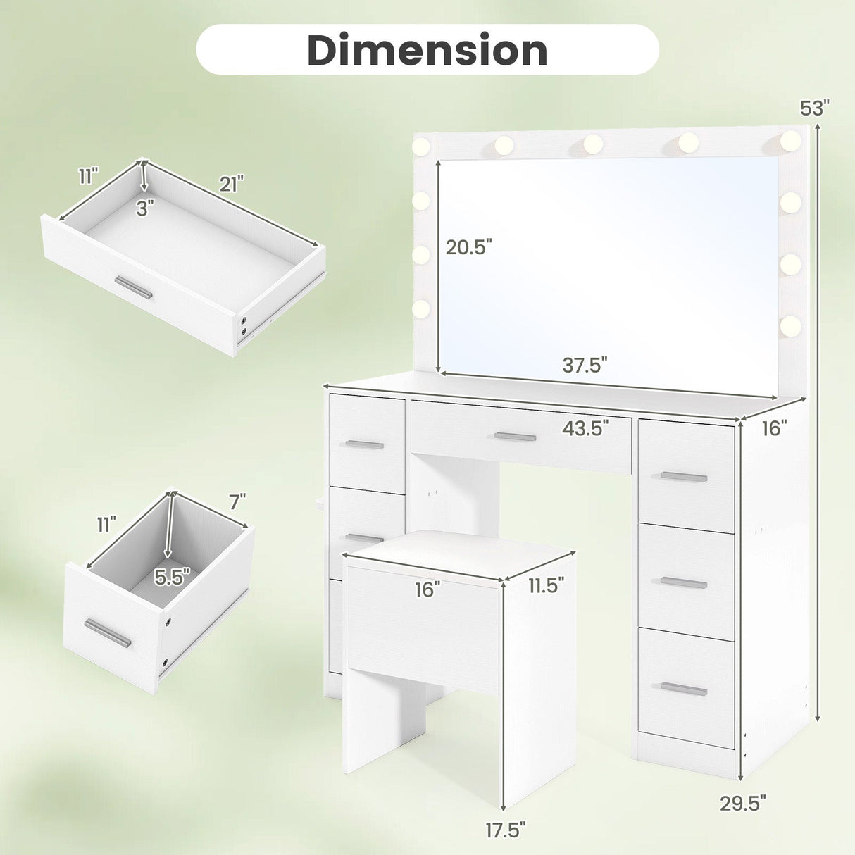 Tocador de 43.5 pulgadas con espejo y luces para dormitorio - Blanco