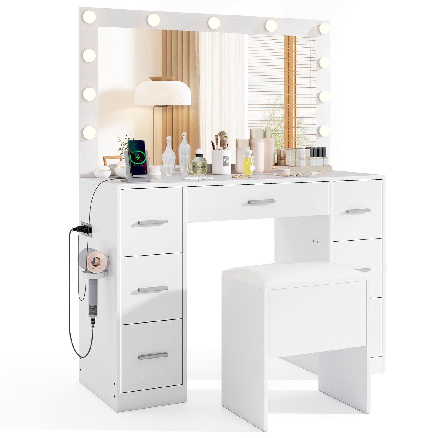 Tocador de 43.5 pulgadas con espejo y luces para dormitorio - Blanco