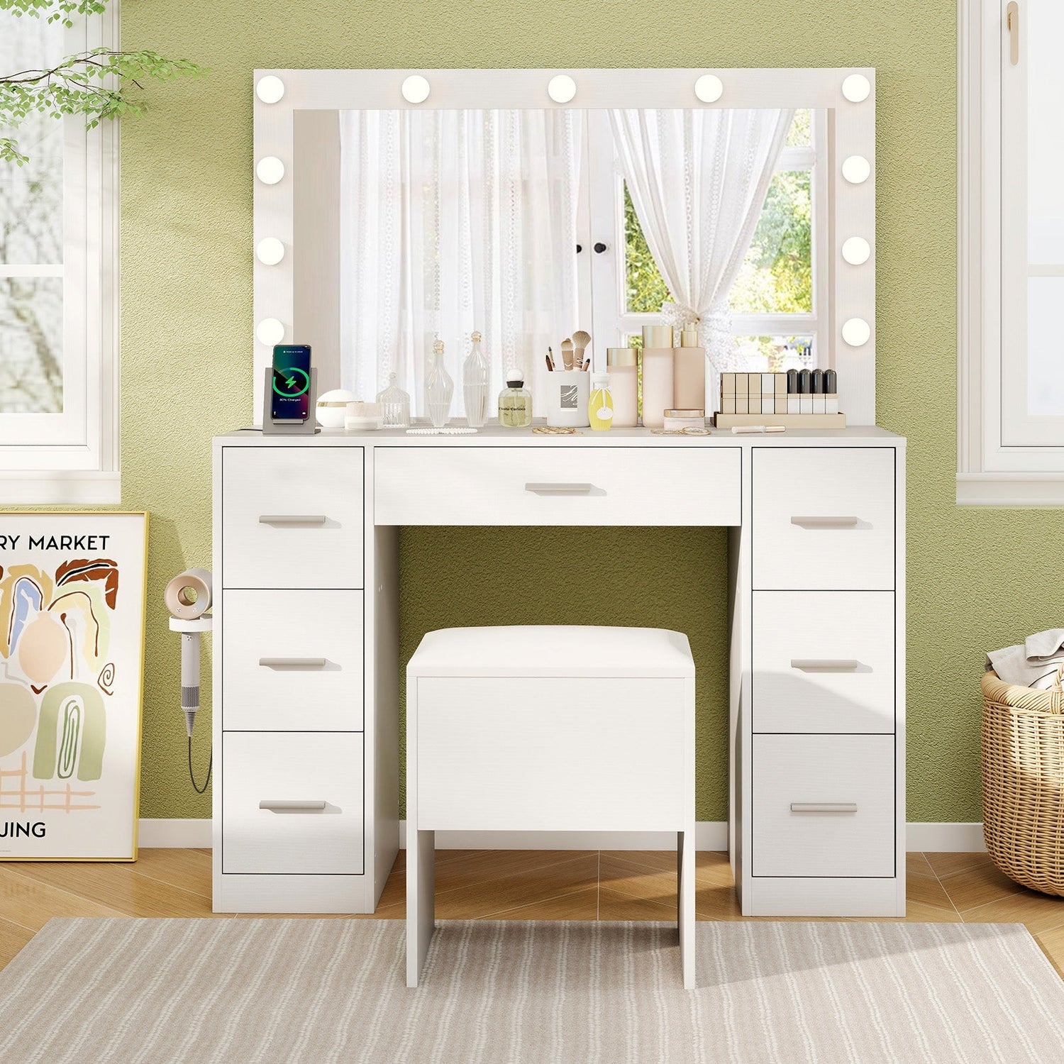 Tocador de 43.5 pulgadas con espejo y luces para dormitorio - Blanco