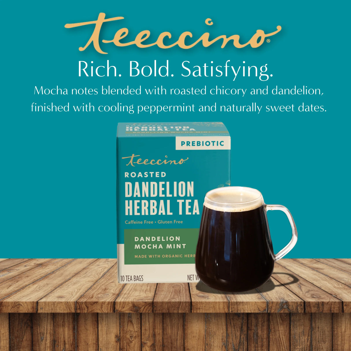 Té de hierbas tostado de diente de león con mocha y menta