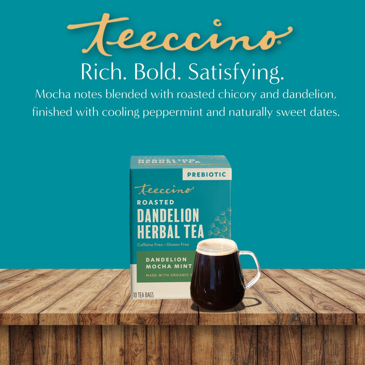 Té de hierbas tostado de diente de león con mocha y menta