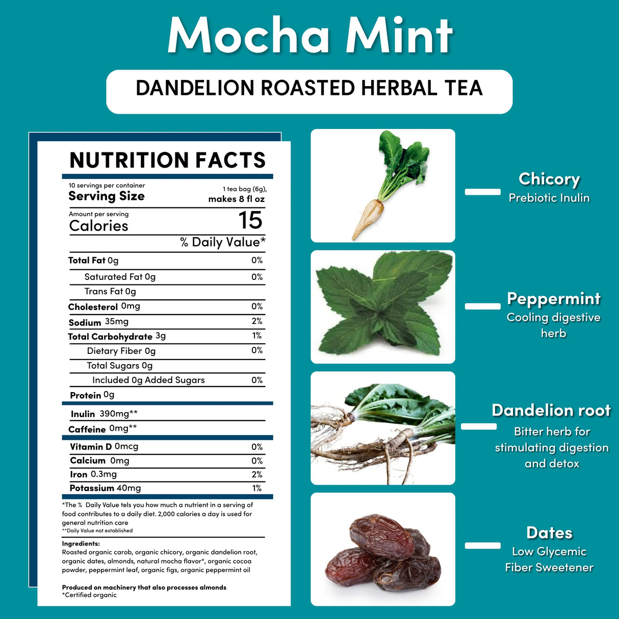 Té de hierbas tostado de diente de león con mocha y menta