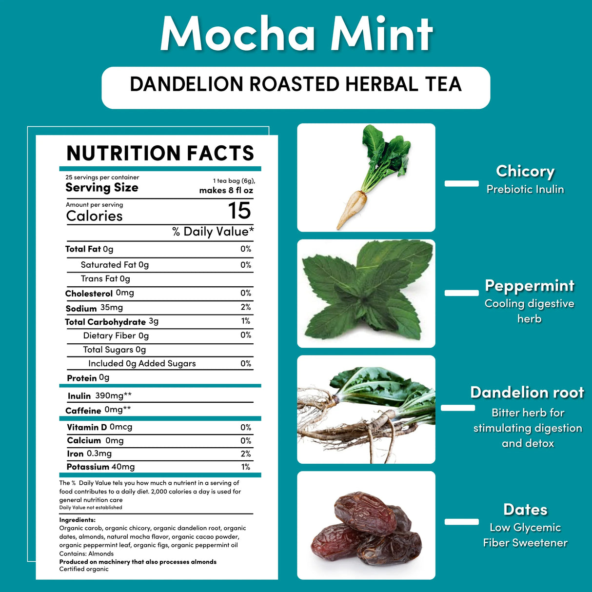 Té de hierbas tostado de diente de león con mocha y menta