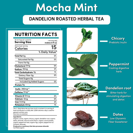 Té de hierbas tostado de diente de león con mocha y menta