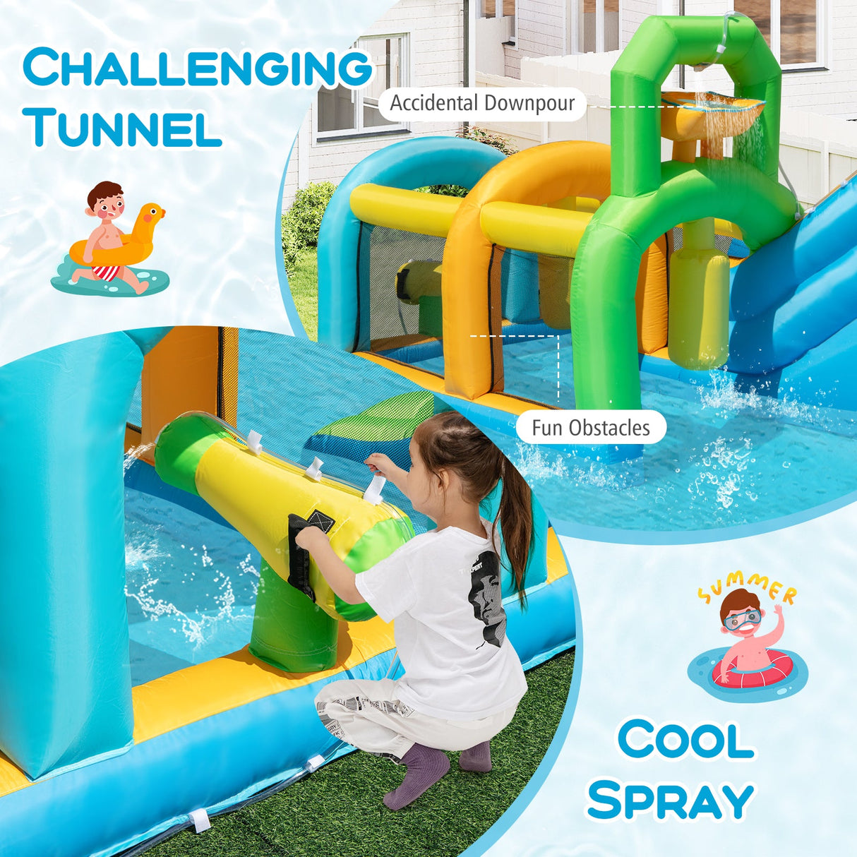 Tobogán Hinchable de Agua Temática Tropical con Doble Rampa, Parque Acuático, Excluye Soplador