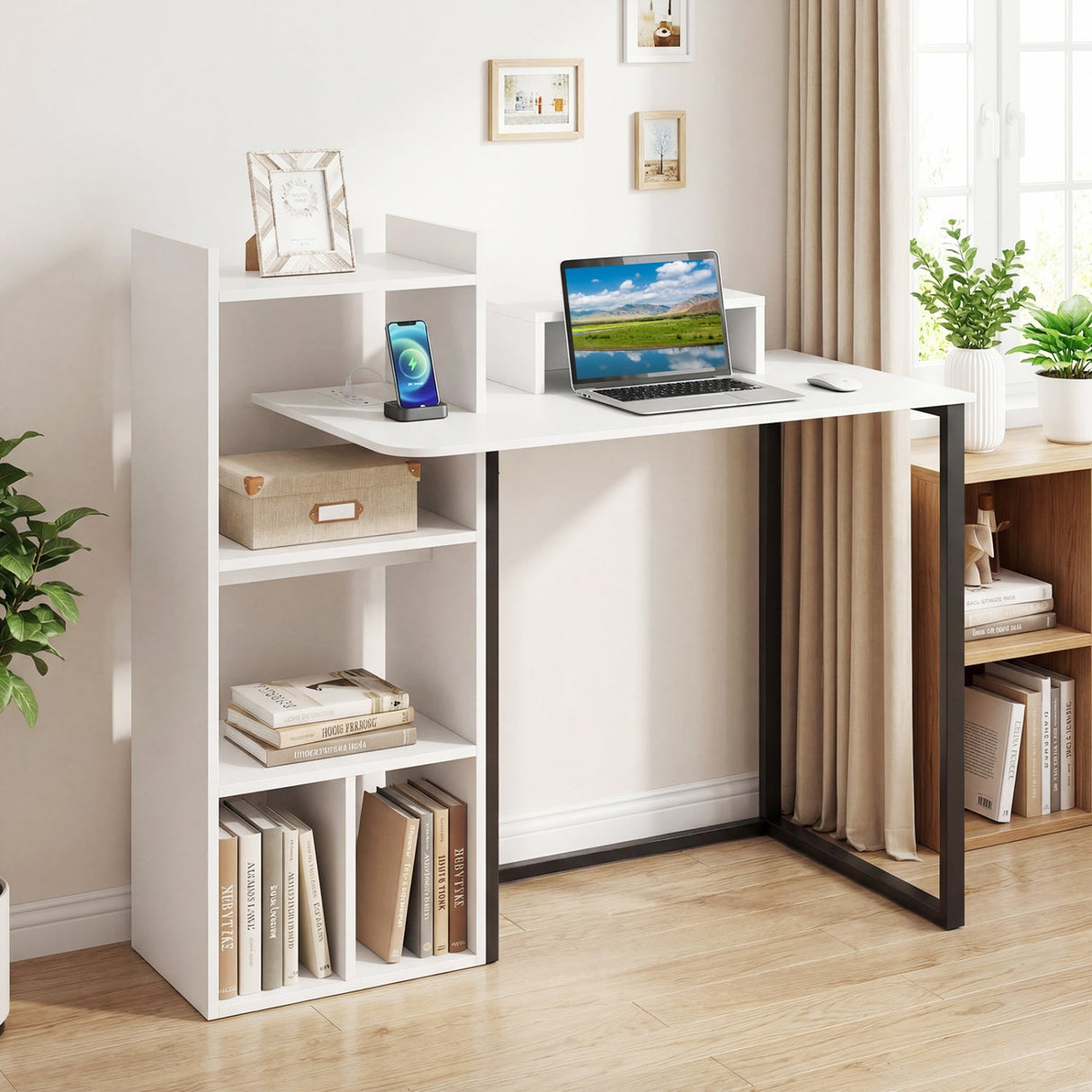 Escritorio de ordenador de 43,5" con estación de carga y soporte ergonómico para monitor - Blanco