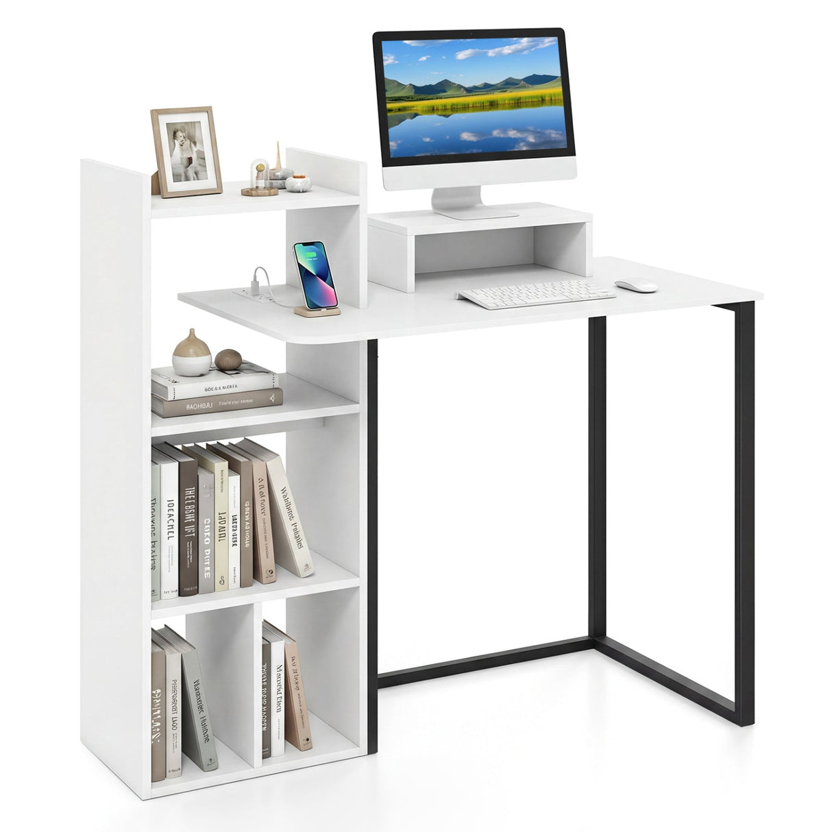 Escritorio de ordenador de 43,5" con estación de carga y soporte ergonómico para monitor - Blanco