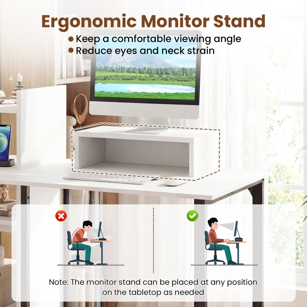 Escritorio de ordenador de 43,5" con estación de carga y soporte ergonómico para monitor - Blanco