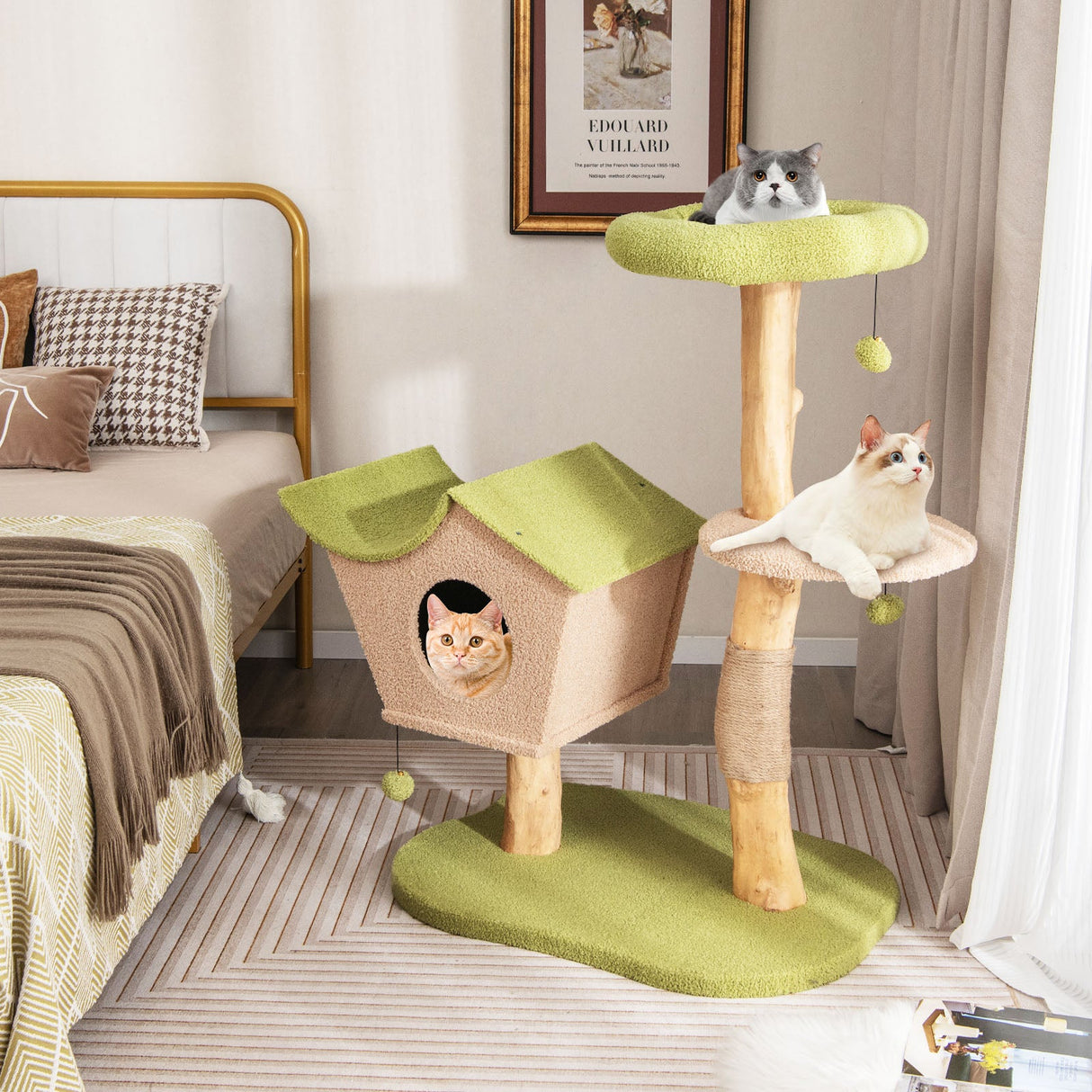 Árbol para gatos de madera de 43 pulgadas con percha superior acolchada - Verde