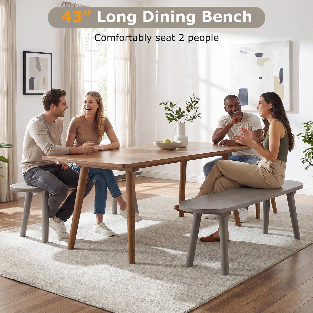 Banco de comedor rústico de madera maciza de 43 pulgadas, banco rústico de madera para entrada con patas de caucho - Gris