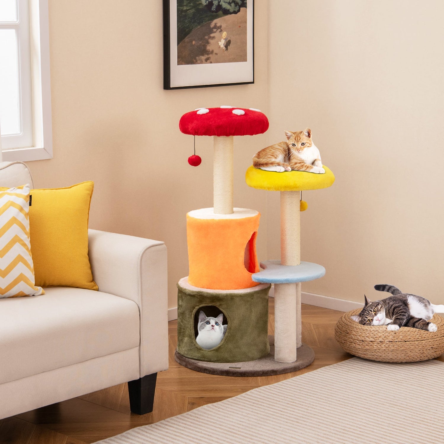 Árbol para gatos de 109 cm de alto con 2 condominios y plataformas acolchadas - Multicolor
