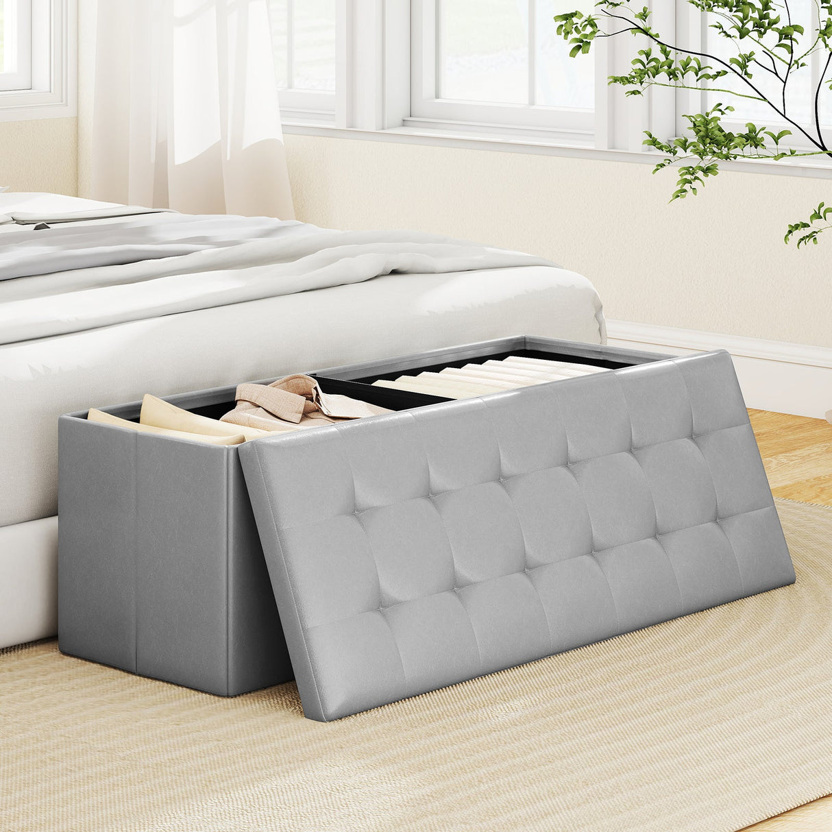 Banco otomano de almacenamiento plegable de 43 pulgadas, reposapiés, taburete, banco para pie de cama