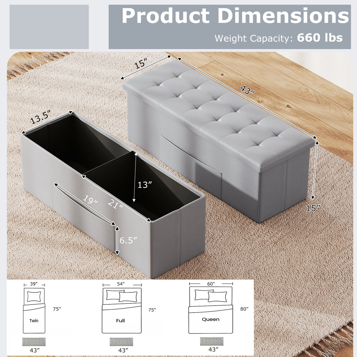 Banco otomano de almacenamiento plegable de 43 pulgadas, reposapiés, taburete, banco para pie de cama