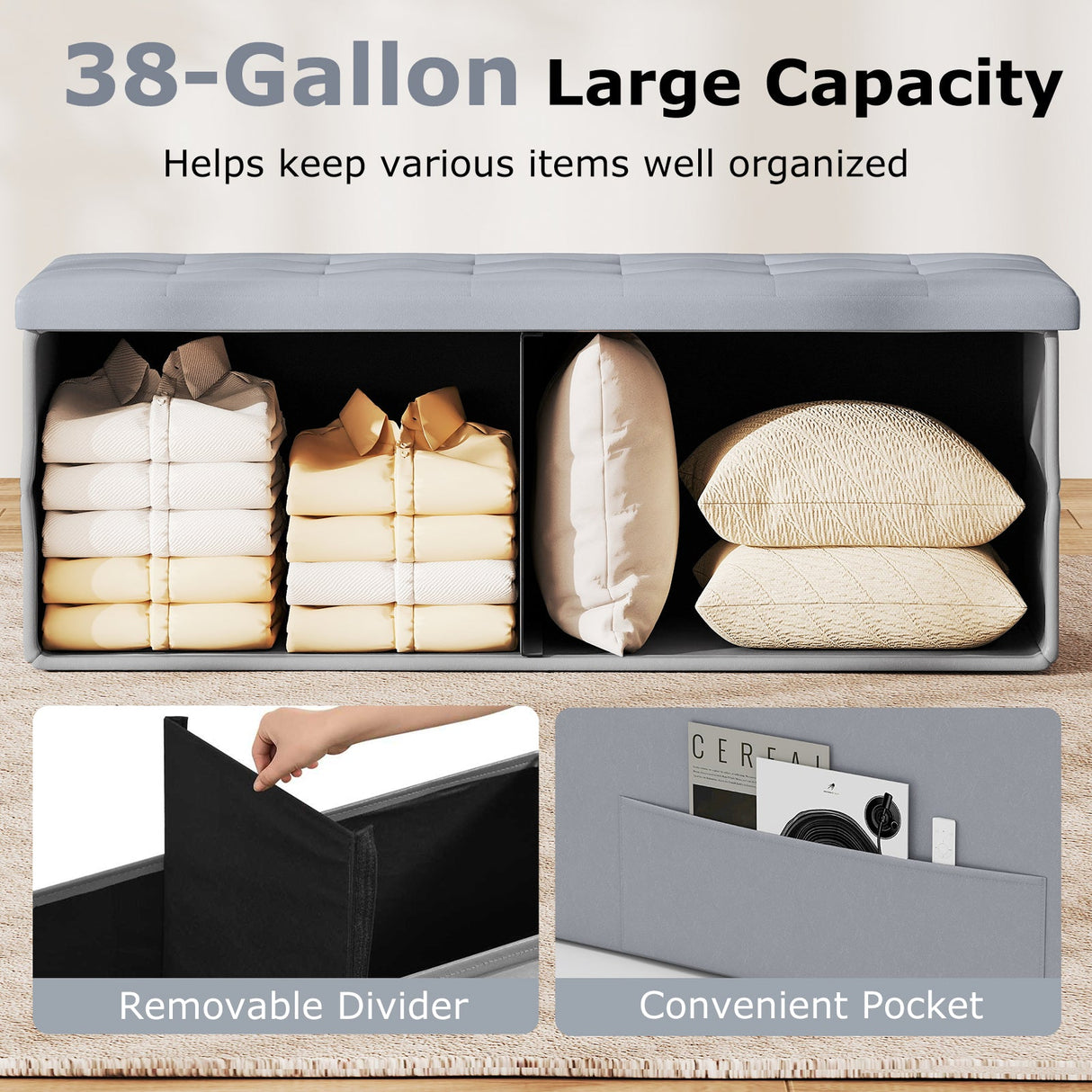 Banco otomano de almacenamiento plegable de 43 pulgadas, reposapiés, taburete, banco para pie de cama
