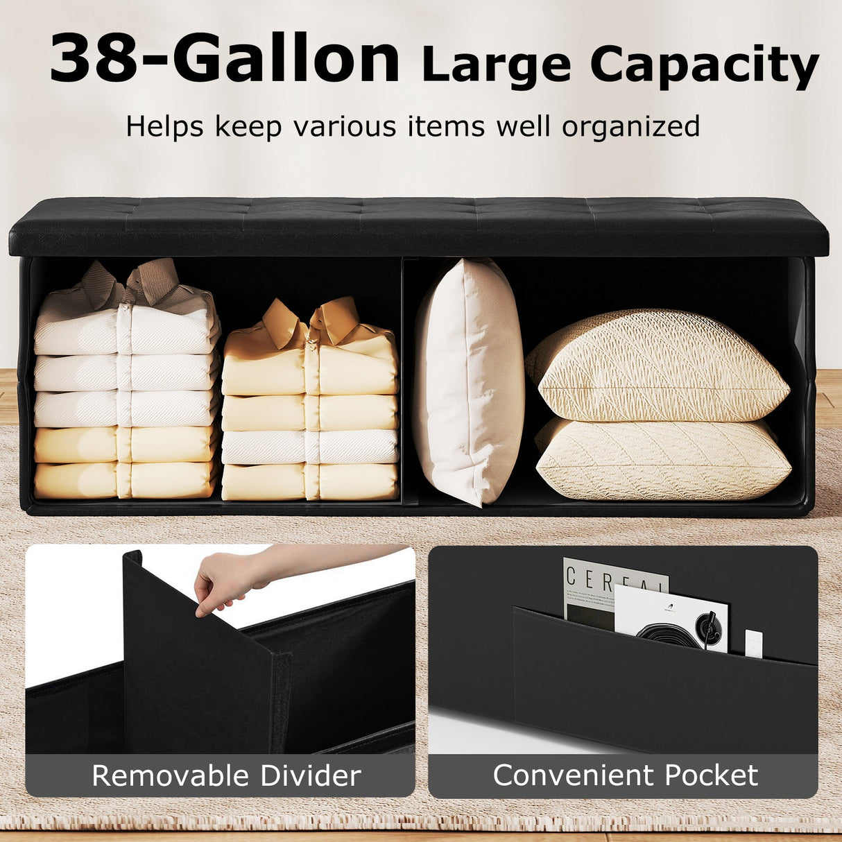 Banco otomano de almacenamiento plegable de 43 pulgadas, reposapiés, taburete, banco para pie de cama