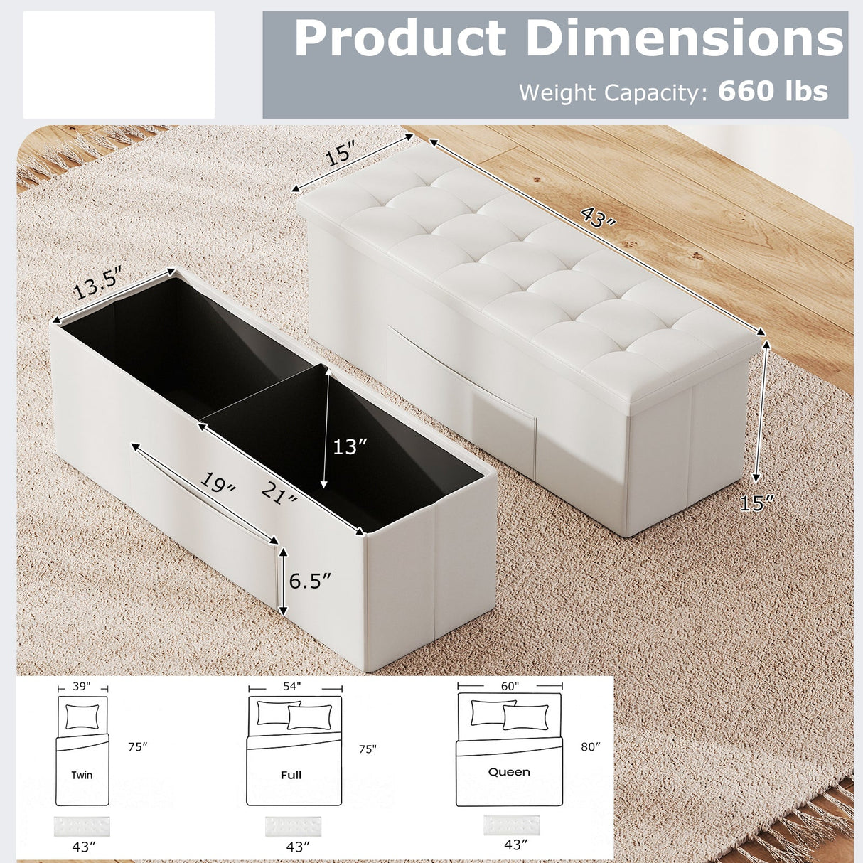 Banco otomano de almacenamiento plegable de 43 pulgadas, reposapiés, taburete, banco para pie de cama