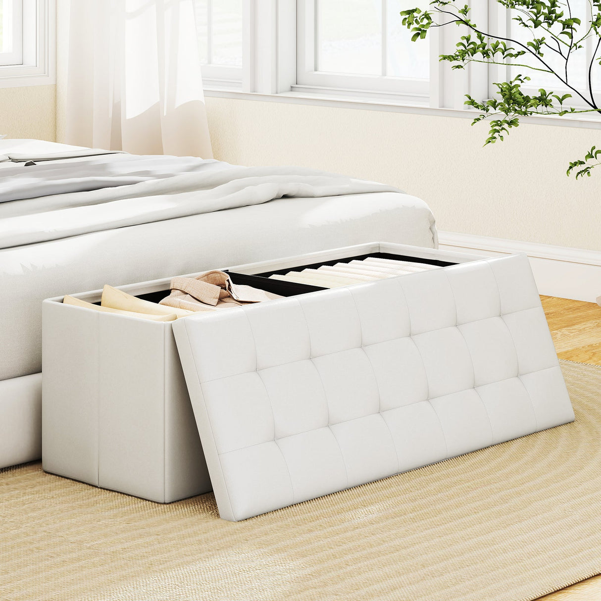 Banco otomano de almacenamiento plegable de 43 pulgadas, reposapiés, taburete, banco para pie de cama