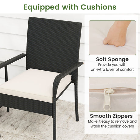 Juego de muebles de patio de 3 piezas con cojines de asiento y mesa con cubierta de vidrio templado