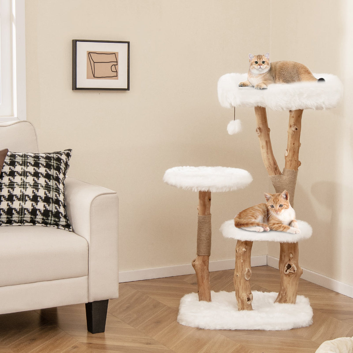 Árbol para gatos de madera maciza de 44 pulgadas con percha y postes rascadores de yute natural - Blanco