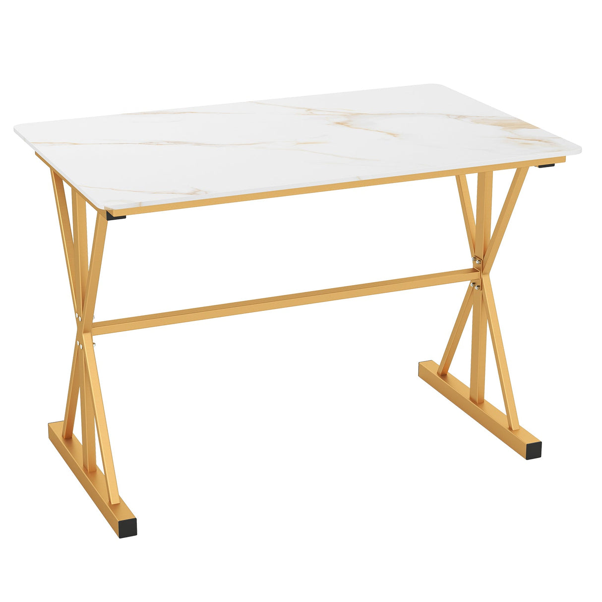 Mesa de comedor de piedra sinterizada de 44 pulgadas con estructura de metal y tablero de imitación mármol - Blanco