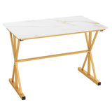 Mesa de comedor de piedra sinterizada de 44 pulgadas con estructura de metal y tablero de imitación mármol - Blanco