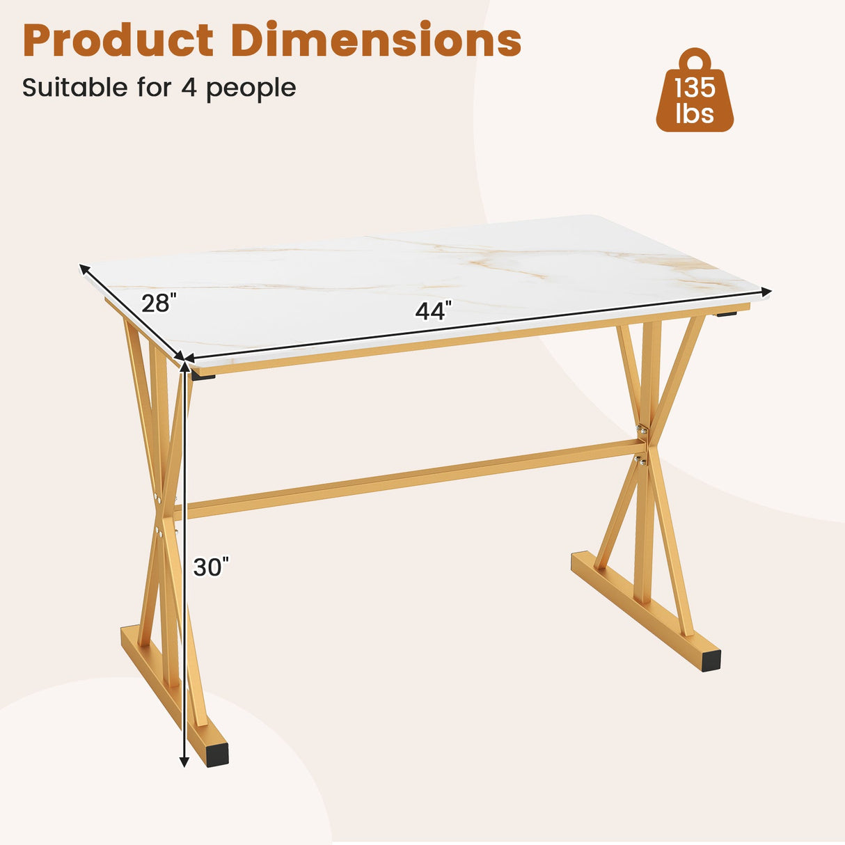 Mesa de comedor de piedra sinterizada de 44 pulgadas con estructura de metal y tablero de imitación mármol - Blanco
