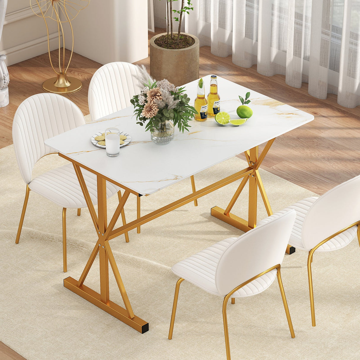 Mesa de comedor de piedra sinterizada de 44 pulgadas con estructura de metal y tablero de imitación mármol - Blanco