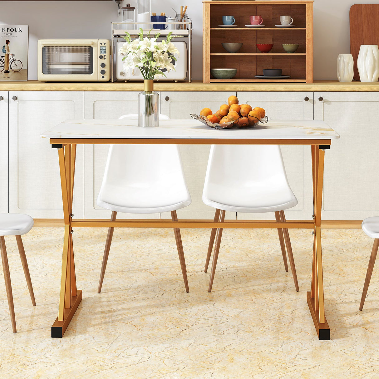 Mesa de comedor de piedra sinterizada de 44 pulgadas con estructura de metal y tablero de imitación mármol - Blanco