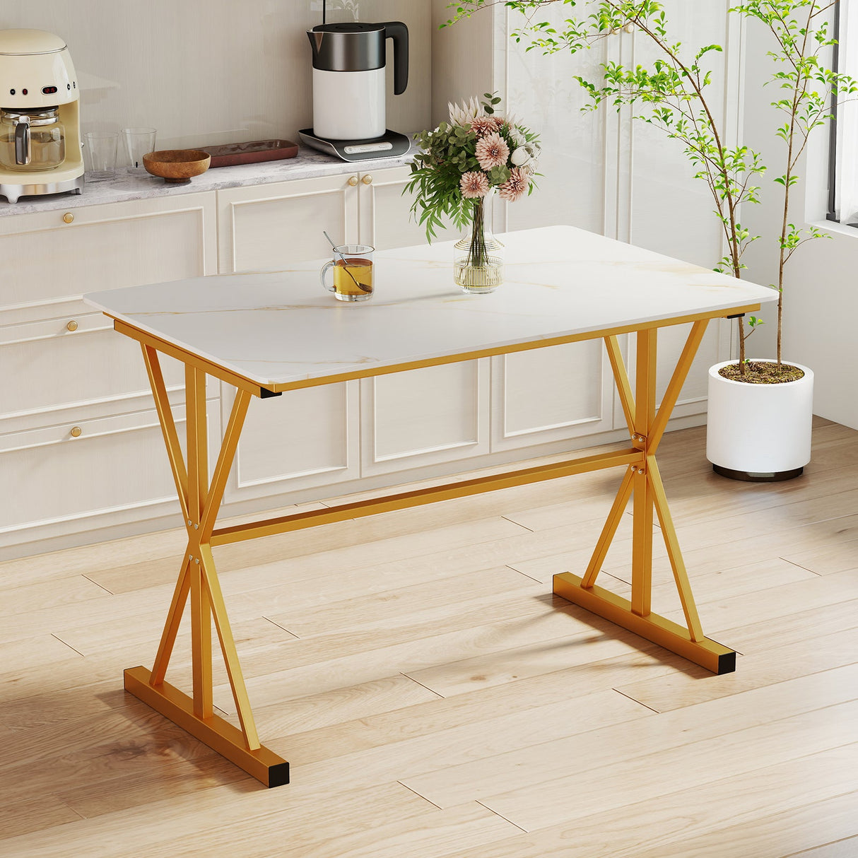 Mesa de comedor de piedra sinterizada de 44 pulgadas con estructura de metal y tablero de imitación mármol - Blanco