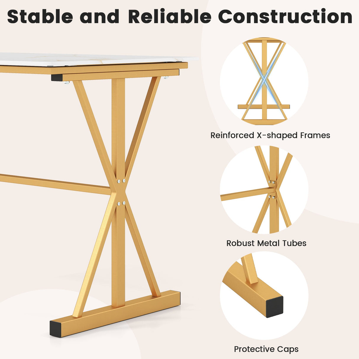 Mesa de comedor de piedra sinterizada de 44 pulgadas con estructura de metal y tablero de imitación mármol - Blanco