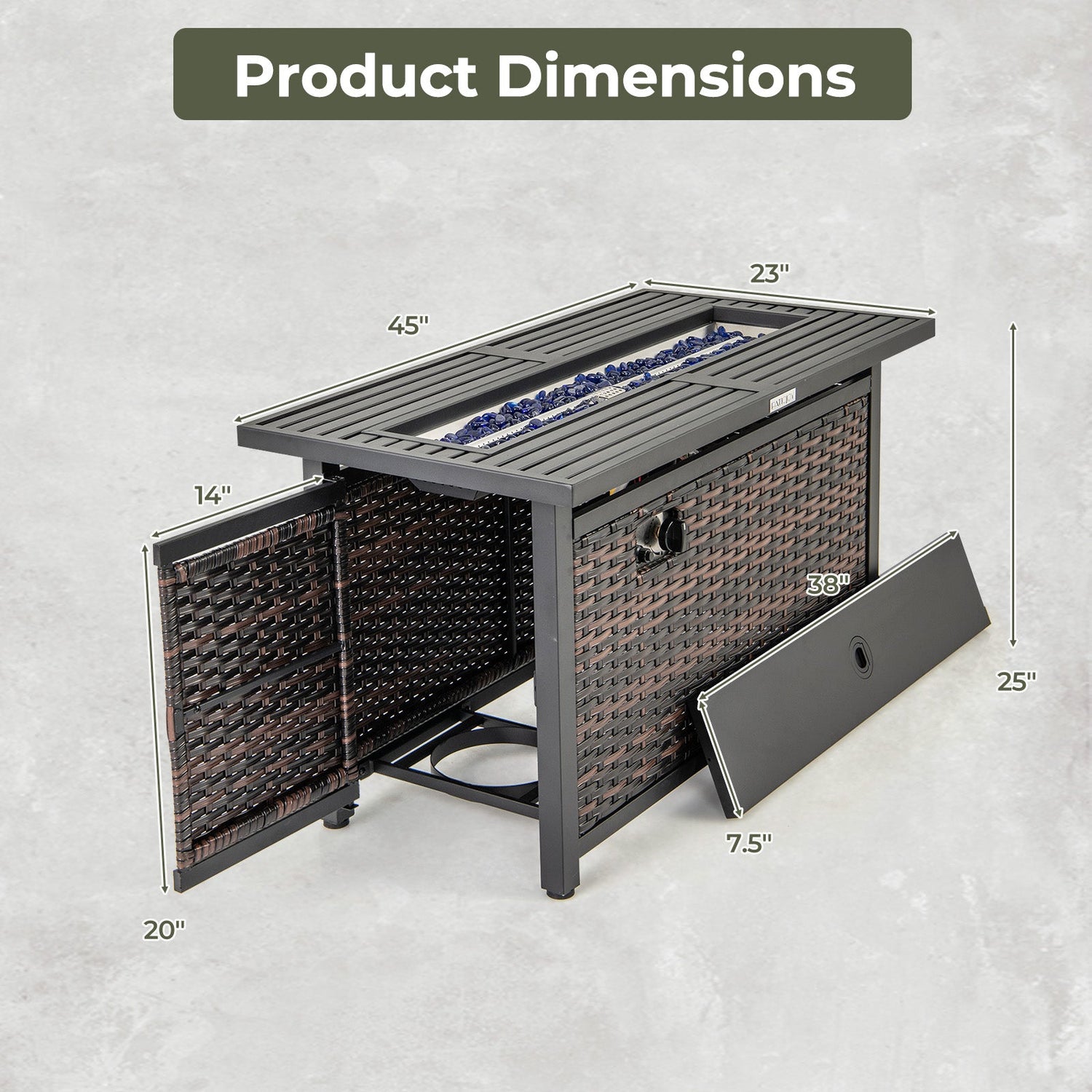 Mesa fogata de ratán de propano de 45 pulgadas con piedras de vidrio y cubierta protectora - Marrón mixto