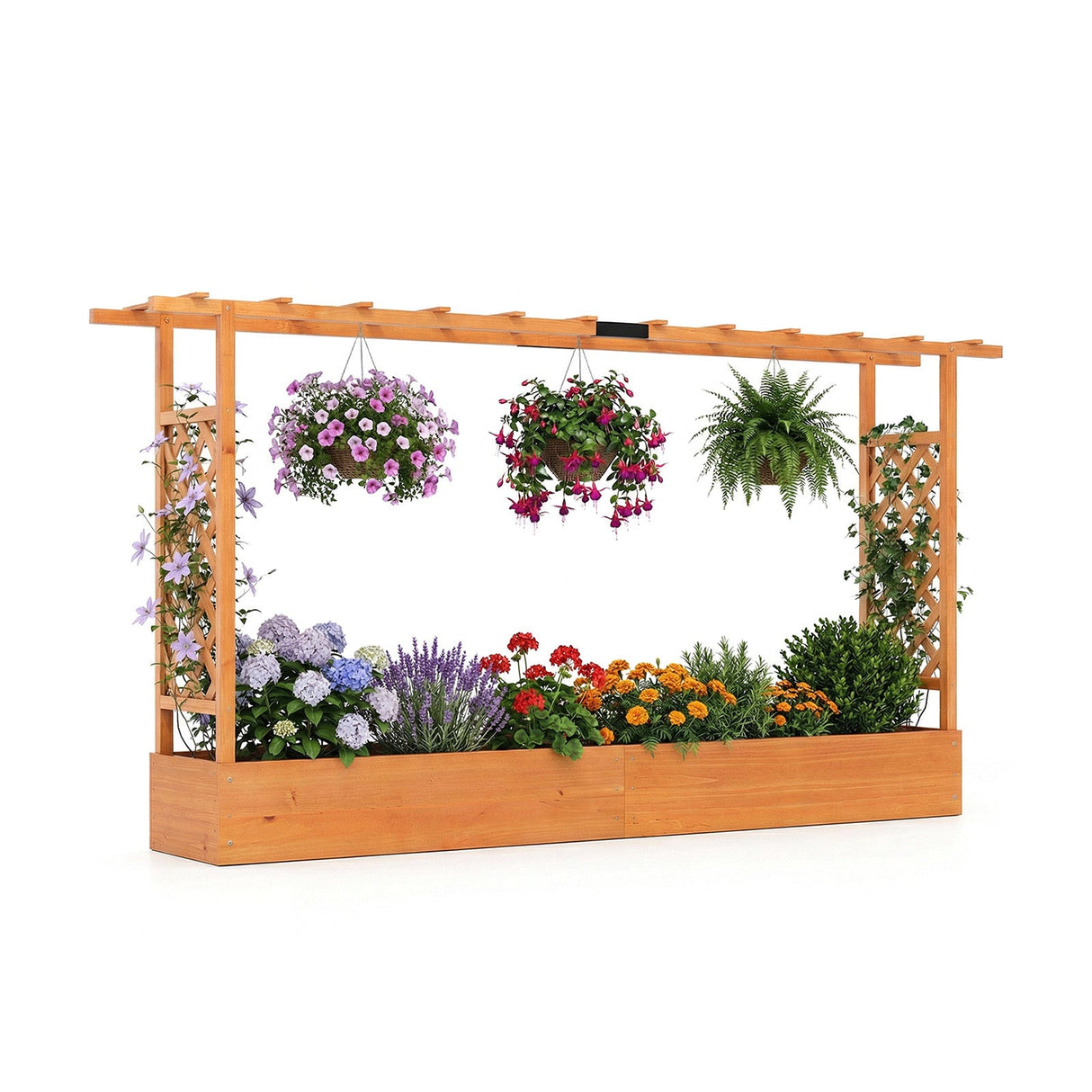 45 Inch Tall Wooden Raised Garden Bed with Side Trellis and Hanging Roof Drainage Holes