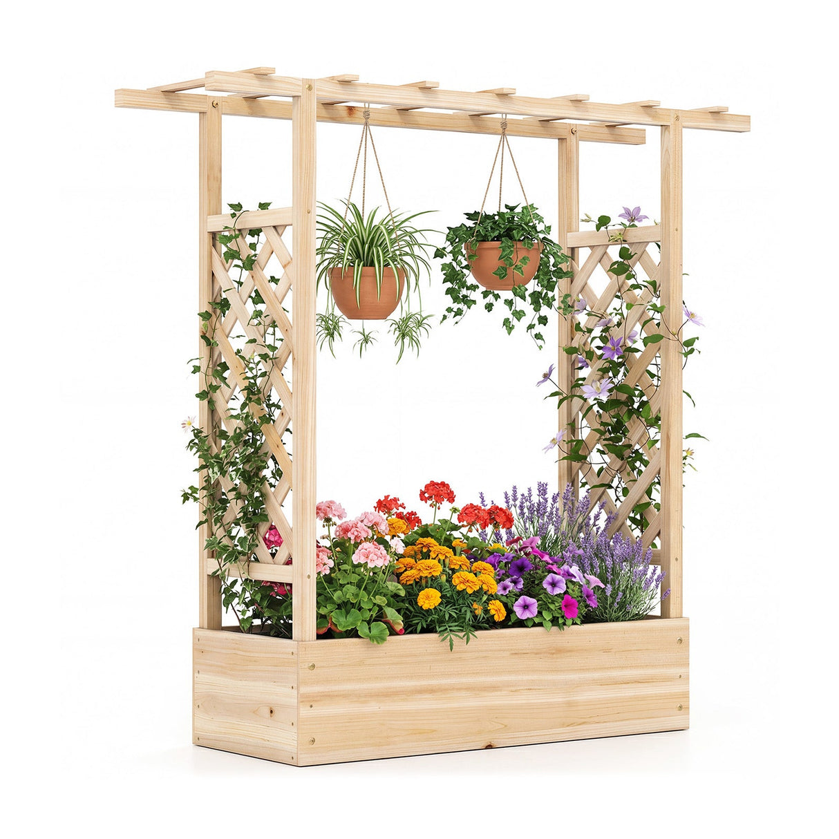 Cama de jardín elevada de madera de 45 pulgadas de alto con celosía lateral y techo colgante