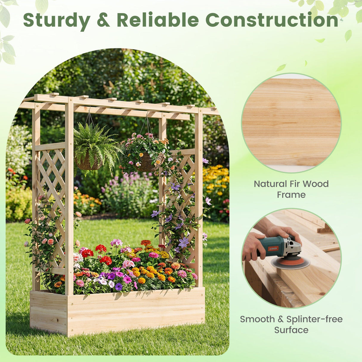 Cama de jardín elevada de madera de 45 pulgadas de alto con celosía lateral y techo colgante
