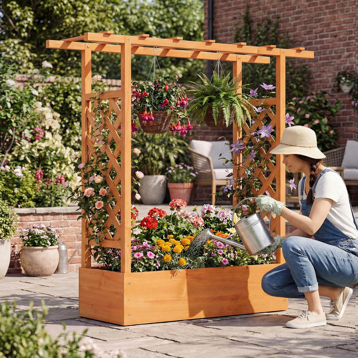 Cama de jardín elevada de madera de 45 pulgadas de alto con celosía lateral y techo colgante