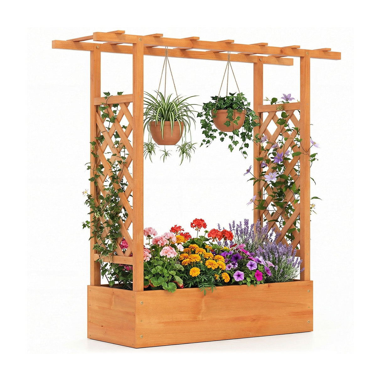 Cama de jardín elevada de madera de 45 pulgadas de alto con celosía lateral y techo colgante