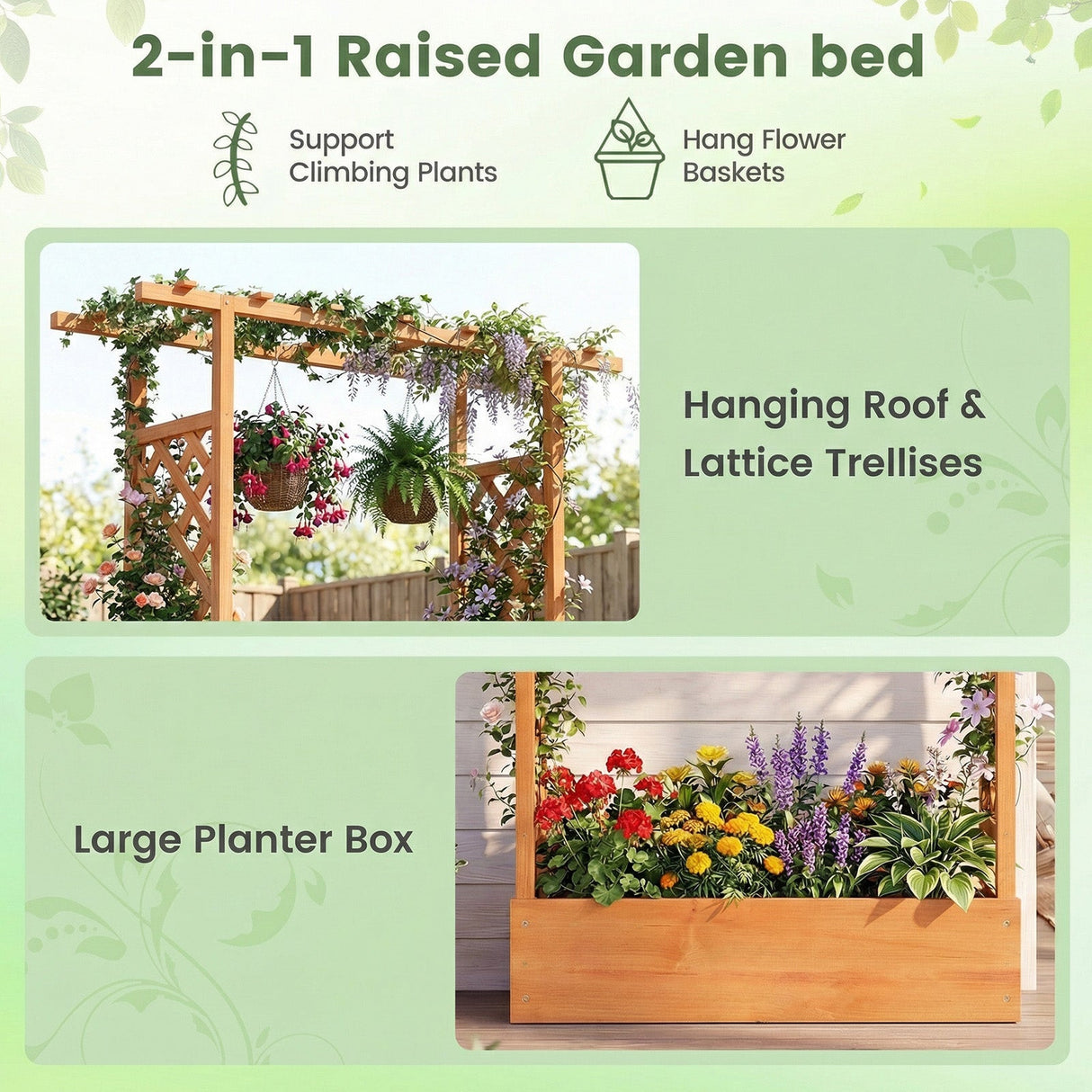 Cama de jardín elevada de madera de 45 pulgadas de alto con celosía lateral y techo colgante