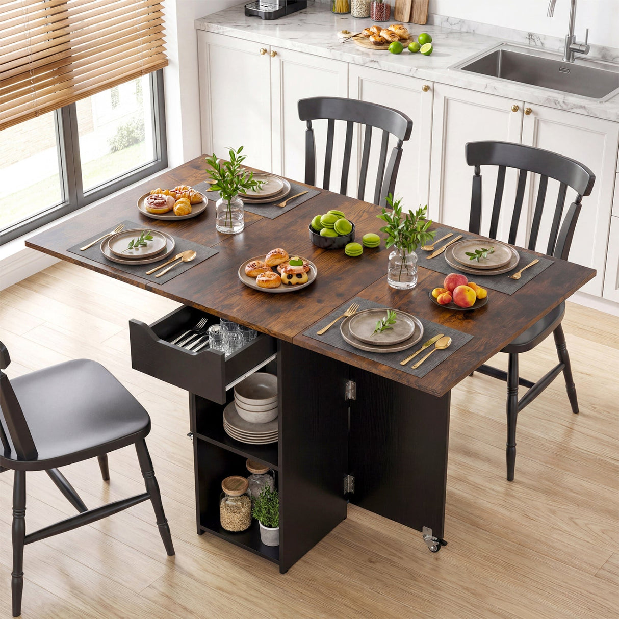 Mesa de comedor de madera extensible estilo rústico de 47.5 pulgadas con ruedas bloqueables
